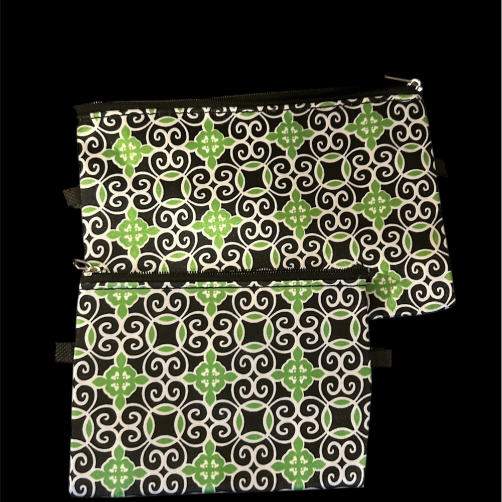 Sassy & Chic cosmetic bags featuring a green, black, and white geometric tile